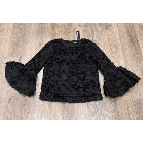 INA Top Womens Large Black Bell Sleeve Blouse Victorian Textured Artsy NEW - Picture 2 of 11